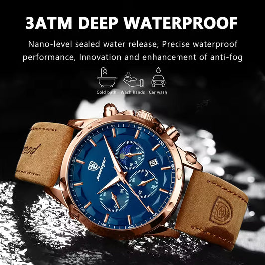 Montre homme POEDAGAR Sport Luxe Quartz Étanche Chronographe Date Lumineuse Montre-bracelet en Cuir Montre Homme