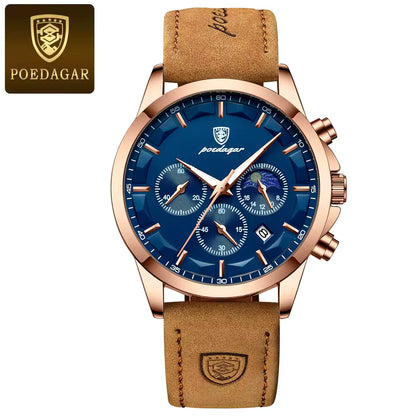 Montre homme POEDAGAR Sport Luxe Quartz Étanche Chronographe Date Lumineuse Montre-bracelet en Cuir Montre Homme