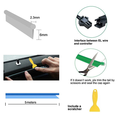Bande lumineuse LED pour intérieur de voiture, néon, câblage EL, lampe décorative pour auto, bricolage, lumière ambiante flexible, USB, escales de fête, diode, 5m