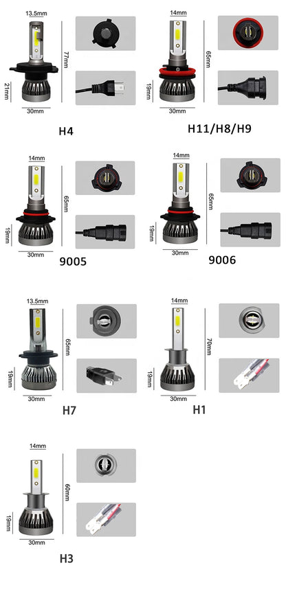 Mini ampoule LED antibrouillard automatique, lumière de sauna de voiture, H1, H7, H4, H3, H8, H9, H11, 9005, 9006, 9012, 6000LM, 6000K, 12V, 2 pièces par paire
