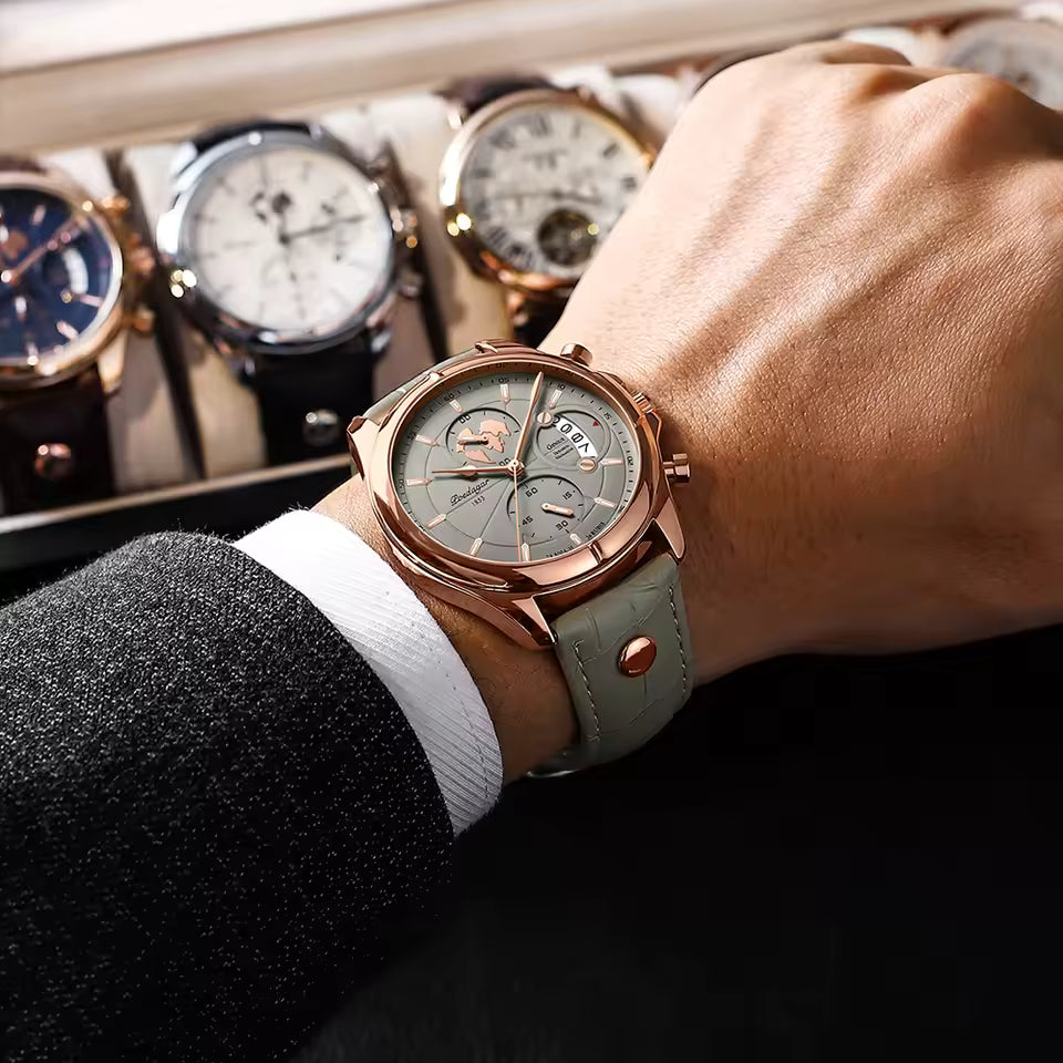 Montre homme POEDAGAR de luxe, chronographe, date, étanche, en cuir, style décontracté, à quartz, idéale pour le sport.
