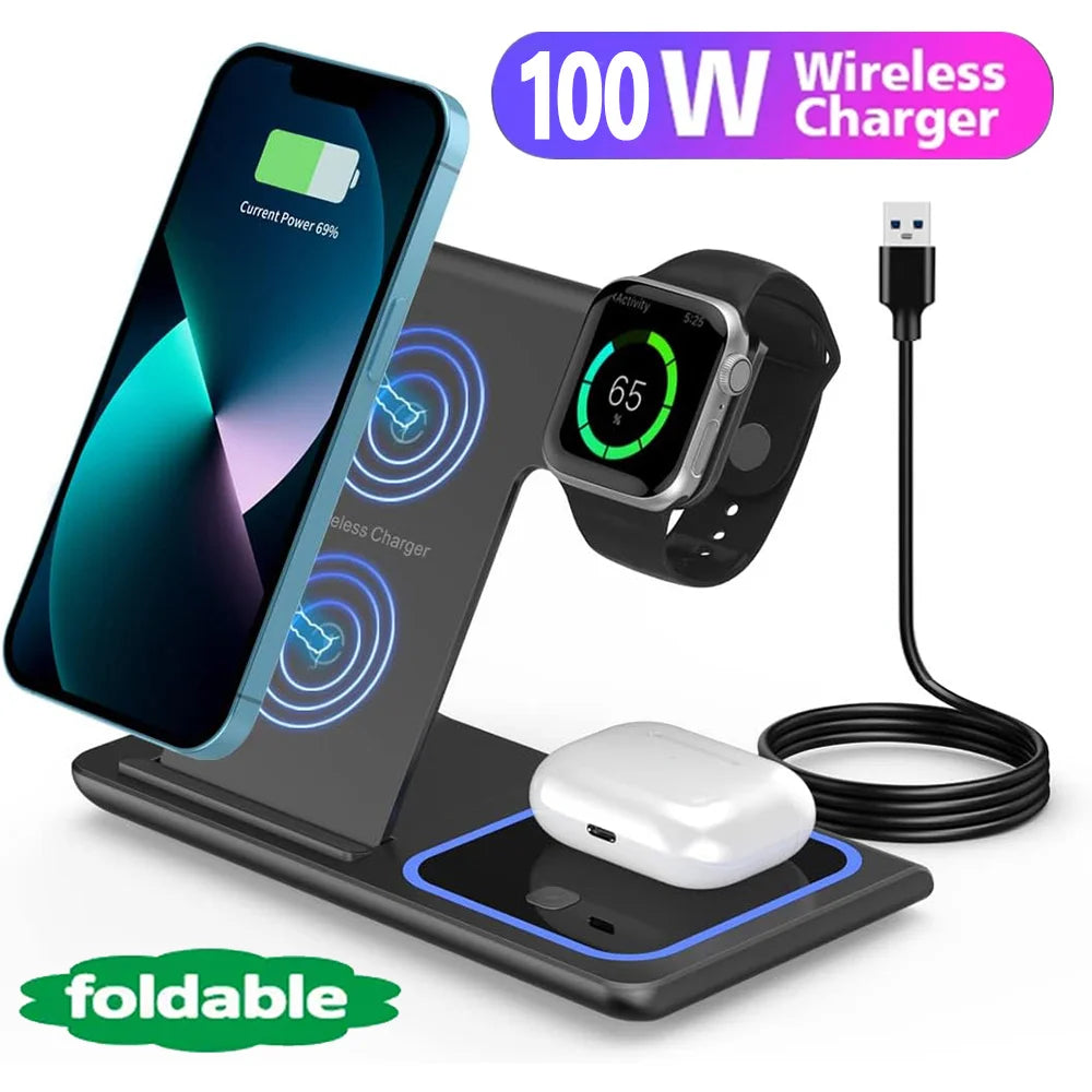 Support de chargeur rapide sans fil à LED, station de charge pliable, iPhone 15, 14, 13, 12, 11, Apple Watch 9, 8, 7, 6, 5, Airpods Pro, 40W, 3 en 1 - AliExpress 202192403