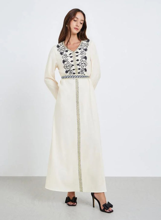 Women Beige Floral Embroidered Maxi Dress
