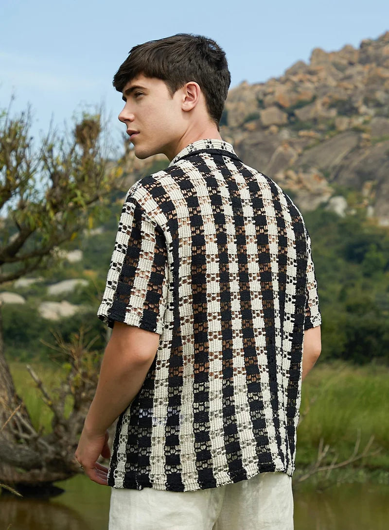 Men's Obsidian Black & Off-White Track-Stripe Oversized Polo T-Shirt