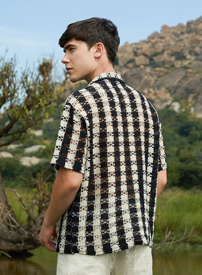 Men's Obsidian Black & Off-White Track-Stripe Oversized Polo T-Shirt