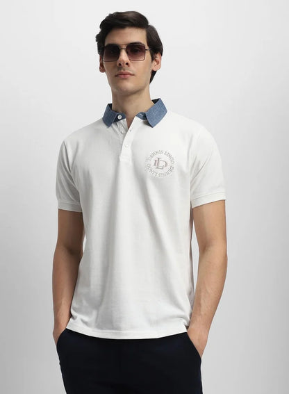 White Slim Fit Solid Polo Collar T-shirt for Men - 100% Cotton, Short Sleeve, Casual,