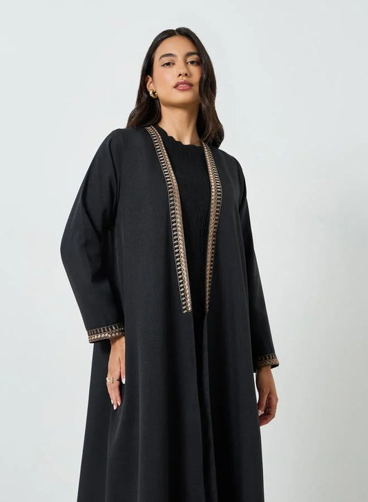 Black Embroidered Open Front Abaya