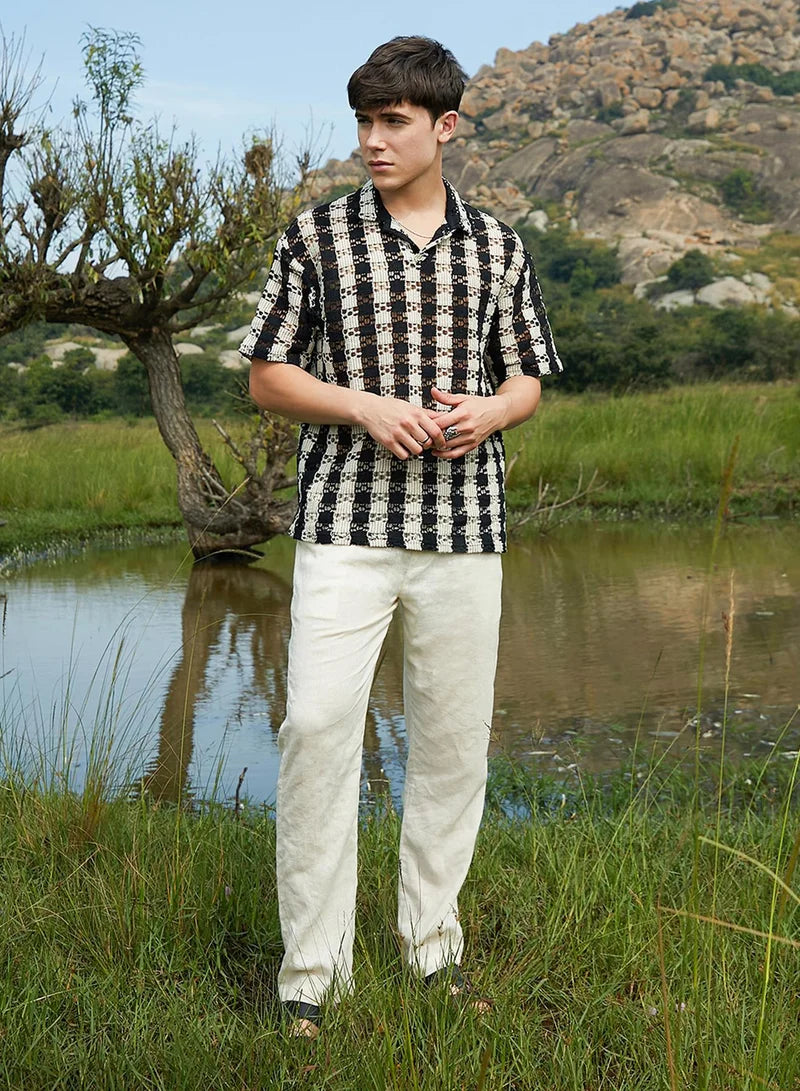 Men's Obsidian Black & Off-White Track-Stripe Oversized Polo T-Shirt