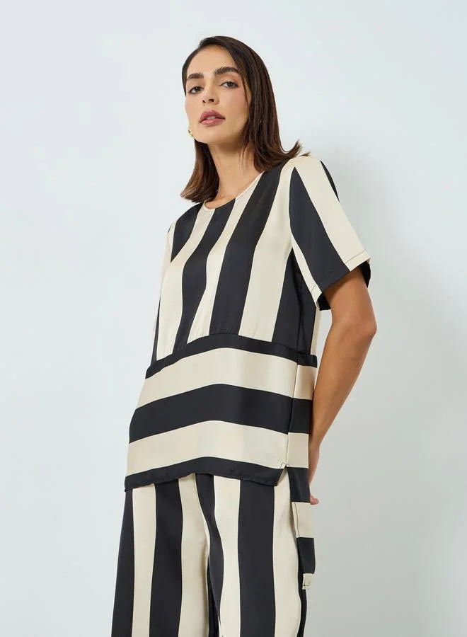 Ensemble haut et pantalon rayé à col rond pour femme
