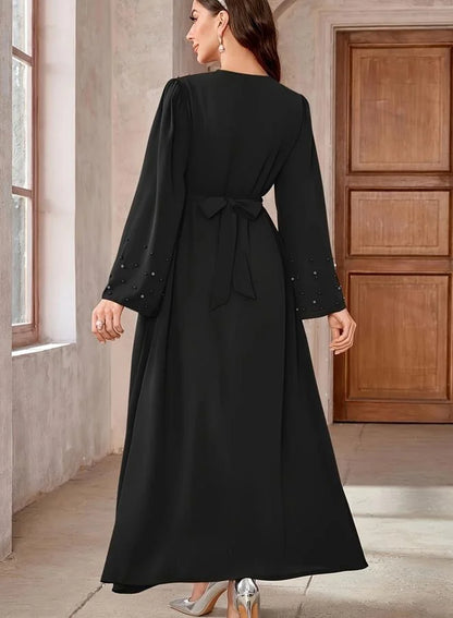 Black Faux Pearl Embellished A-Line Abaya
