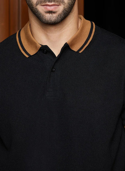 Men's Onyx Black Cuboid-Stripe Polo T-Shirt