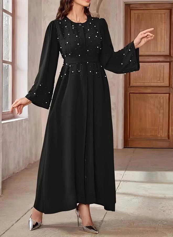 Black Faux Pearl Embellished A-Line Abaya