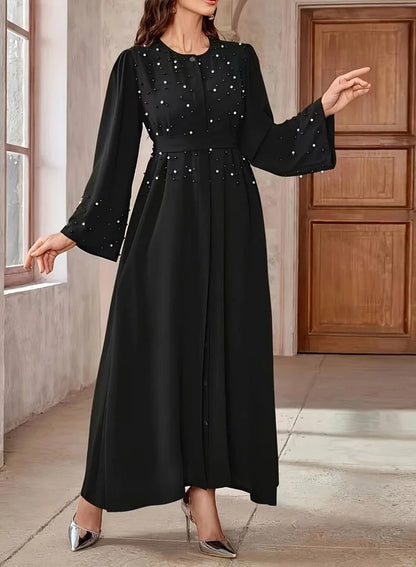 Black Faux Pearl Embellished A-Line Abaya