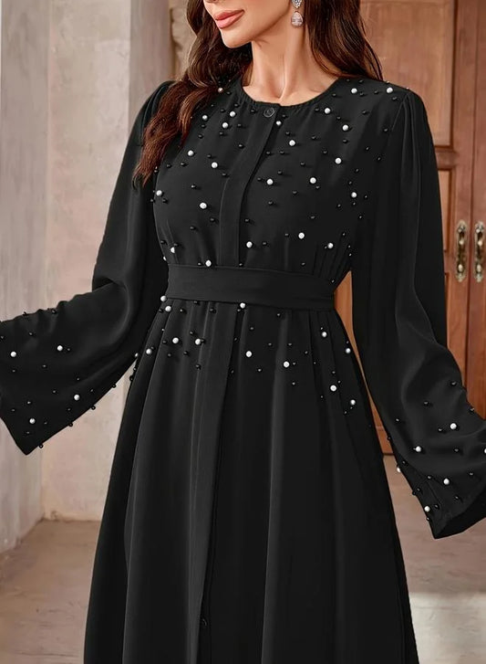 Black Faux Pearl Embellished A-Line Abaya