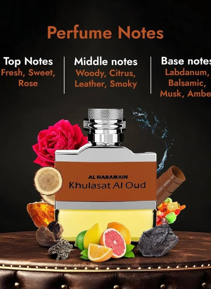 Al Haramain Khulasat Al Oudh Eau de Parfum 100ml | Leather & Oud Men’s Perfume | Long-Lasting Oriental Fragrance