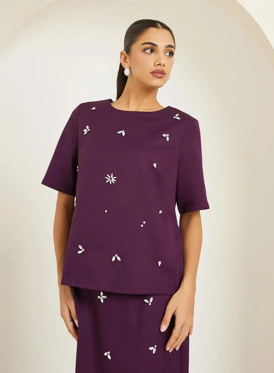 Ensemble jupe et haut violet orné pour femme
