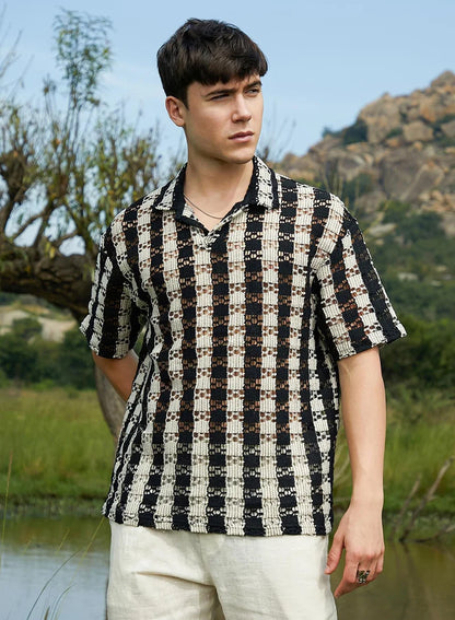 Men's Obsidian Black & Off-White Track-Stripe Oversized Polo T-Shirt