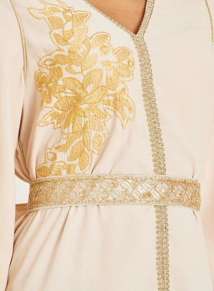 Women Beige Golden Embroidered Kaftan