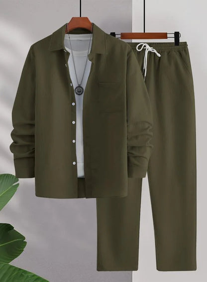 Ensemble chemise et pantalon kaki texturé pour homme
