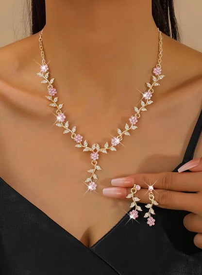 2-Piece Floral Rhinestone Embellished Necklace and Earrings Jewelry Set