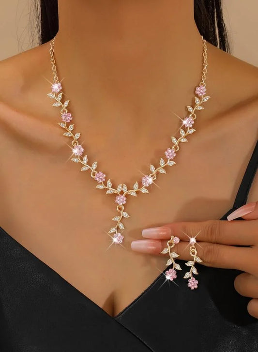 2-Piece Floral Rhinestone Embellished Necklace and Earrings Jewelry Set