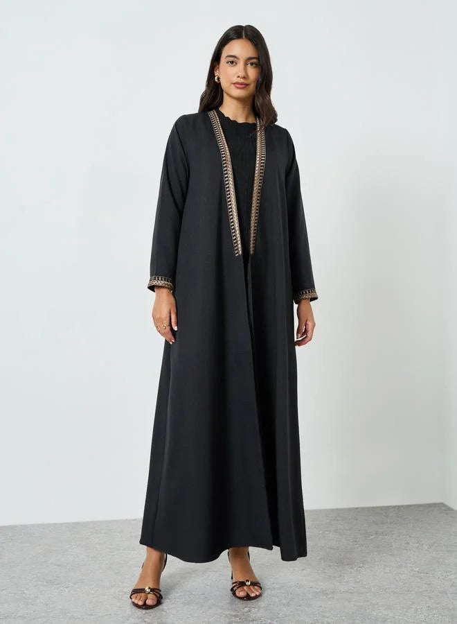 Black Embroidered Open Front Abaya