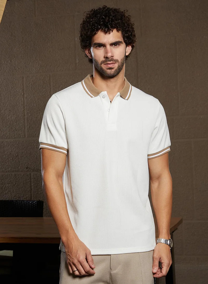 Men's Cream White Cuboid-Stripe Polo T-Shirt