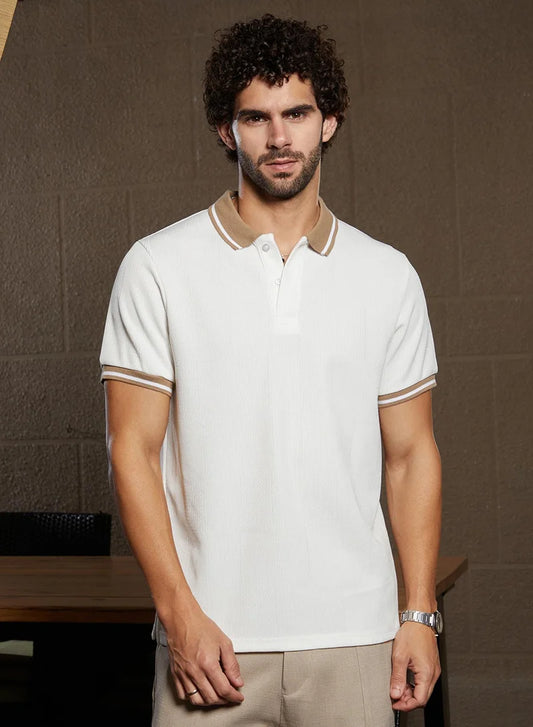 Men's Cream White Cuboid-Stripe Polo T-Shirt