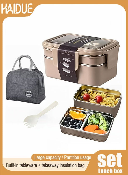 Bento Box, Stainless Steel Double Layer Lunch Box with Spoon and Fork, Stainless Steel Lunch Box with lunch bag, Leakproof Bento Box Khaki