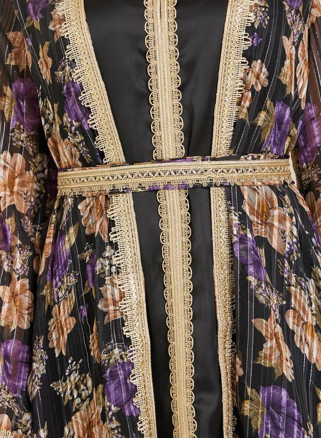 Women Black Printed Embroidered Golden Lace Kaftan