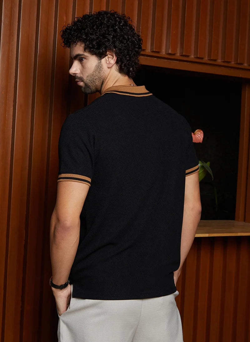 Men's Onyx Black Cuboid-Stripe Polo T-Shirt